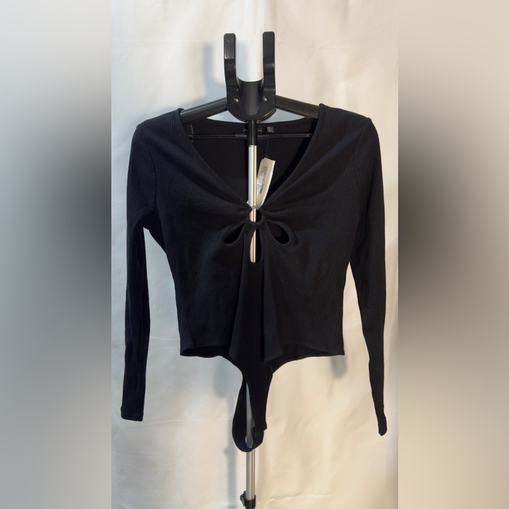 ASOS Black Ribbed Tie-Front Bodysuit - size 14